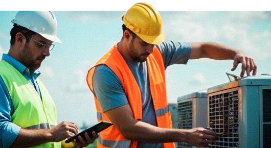 Two HVAC company owners repairing a commercial air conditioning system.