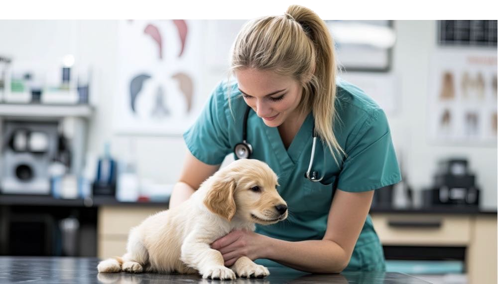 A female vet clinic owner checking a puppy.